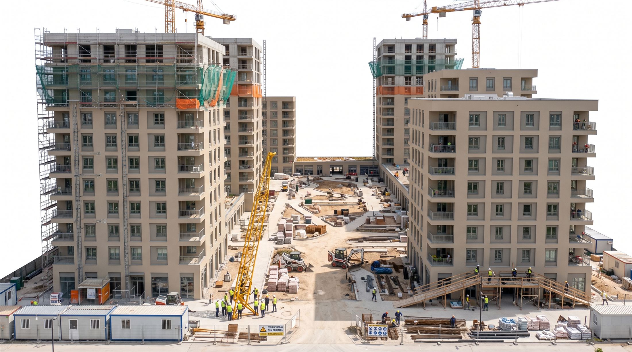 Obra de edificios habitacionales en construcción con grúas torre y estructura de concreto