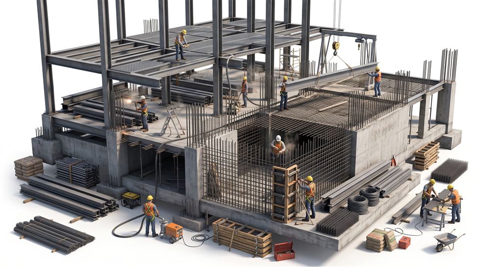 Estructura de acero y armado de varilla en construcción